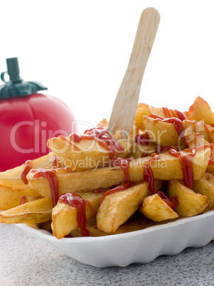 Portion Of Chips In A Polystyrene Tray With Tomato Ketchup