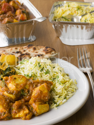 Plate Of Indian Take Away- Chicken Bhoona, Sag Aloo, Pilau Rice