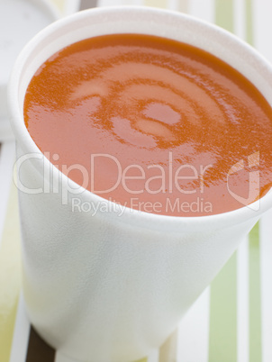 Cup Of Tomato Soup In A Polystyrene Cup