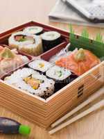 Sushi And Sashimi In A Take Away Bento Box