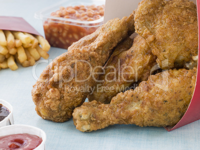 Southern Fried Chicken In A Box With Fries, Baked Beans, Colesla
