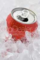 Red Can Of Fizzy Soft Drink Set In Ice With The Ring Pulled