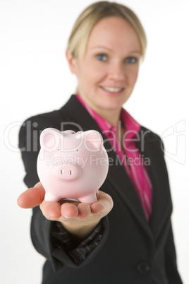 Businesswoman Holding Piggy Bank