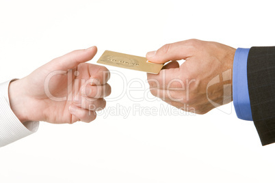Businessmen Passing Another A Gold Credit Card