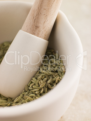 Fennel Seeds In A Pestle And Mortar