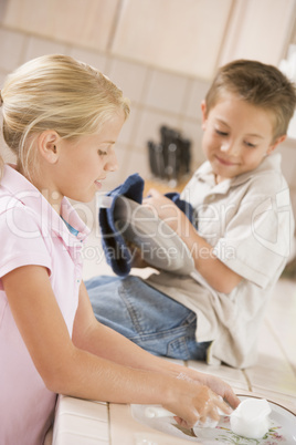 Brother And Sister Cleaning Dishes Together