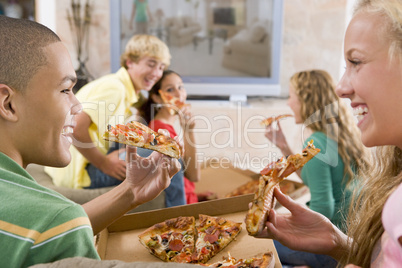 Teenagers Hanging Out In Front Of Television Eating Pizza