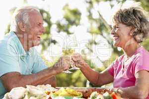 Ein glückliches älteres Paar prostet sich zu