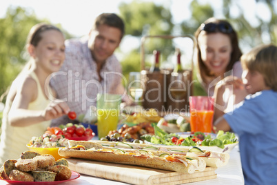 Junge Familie mit zwei Kinder machen ein Picknick
