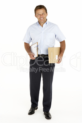 Courier Holding A Parcel And Clipboard