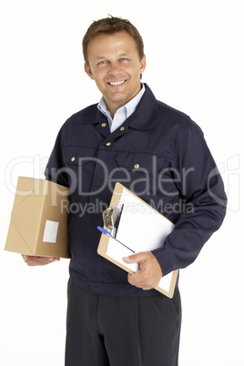 Portrait Of Courier Holding A Parcel And Clipboard