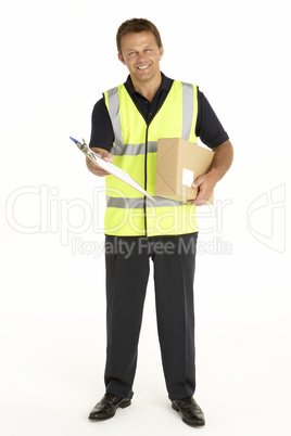 Courier Holding A Parcel And Clipboard