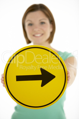 Woman Holding Road Traffic Sign