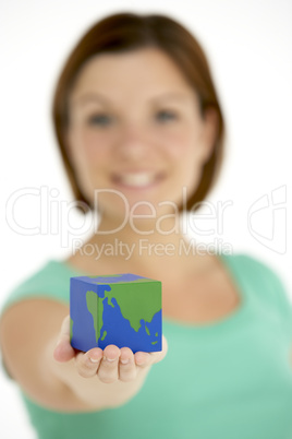 Woman Holding Cube Shaped Globe