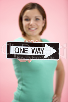 Woman Holding Road Traffic Sign