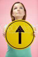 Woman Holding Road Traffic Sign