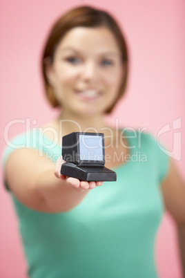 Woman Holding Model Computer