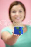 Woman Holding Cube Shaped Globe