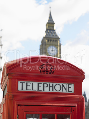 Telephone Booth In Front Of Big Ben Clock Tower, London, England