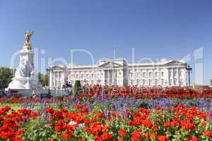Buckingham Palace With Flowers Blooming In The Queen's Garden, L