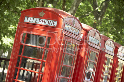 Red Telephone Booths In A Row