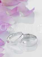 Silver Wedding Rings Resting Next To Flower Petals