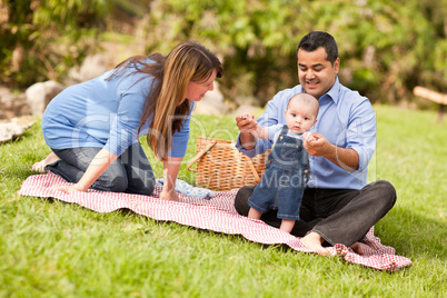 Happy Mixed Race Family Playing In The Park