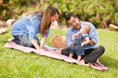 Happy Mixed Race Family Playing In The Park