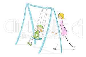 mom pushing daughter on swing