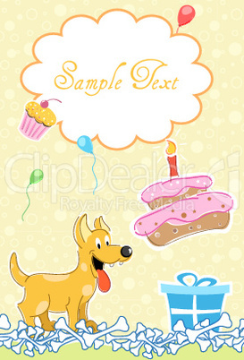 birthday card with puppy,cake and gift
