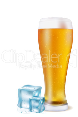 beer glass with ice cubes