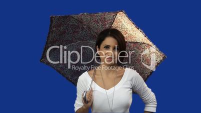 Young woman holding umbrella, blue screen background