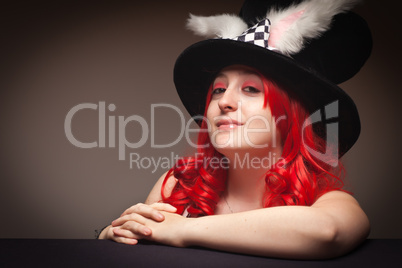 Attractive Red Haired Woman Wearing Bunny Ear Hat