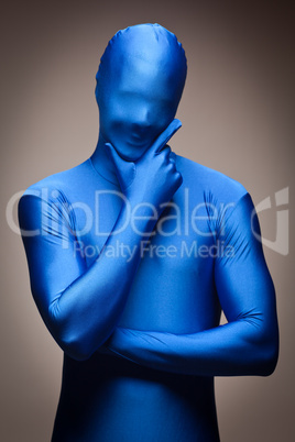 Man Wearing Full Blue Nylon Bodysuite
