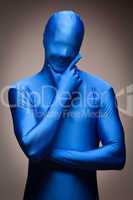 Man Wearing Full Blue Nylon Bodysuite