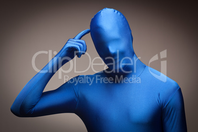Man Wearing Full Blue Nylon Bodysuite Scratching Head