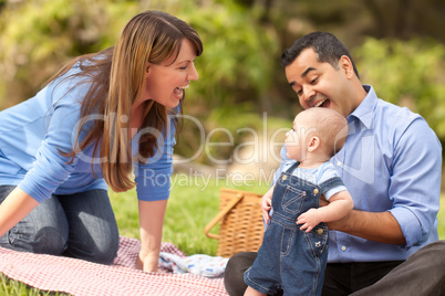 Happy Mixed Race Family Playing In The Park