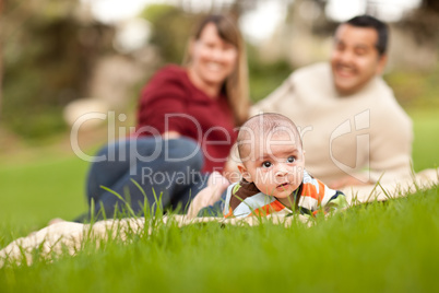 Happy Baby Boy and Mixed Race Parents Playing in the Park
