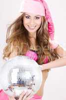 santa helper in pink lingerie with disco ball