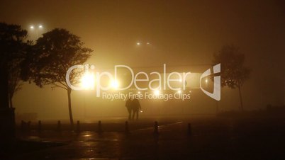 Romantic couple walking on a foggy night