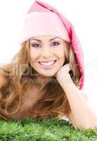 happy santa helper in pink hat