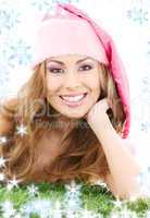 happy santa helper in pink hat