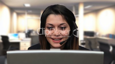 Beautiful business woman girl talk laptop chat close up