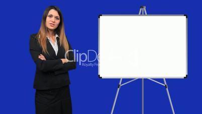 Blue screen beautiful business woman girl talk board