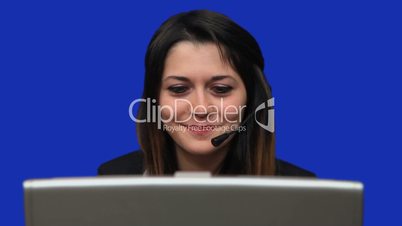 Blue screen beautiful business woman girl talk laptop chat close up