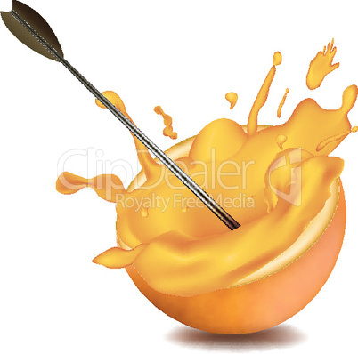 orange and juice splashing out of it