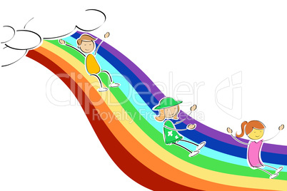kids sliding on rainbow