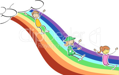 kids sliding on rainbow