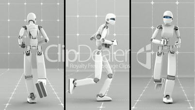 White futuristic robot jogging indoor- Front-Side-Back view