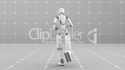White futuristic robot jogging indoor - Back view